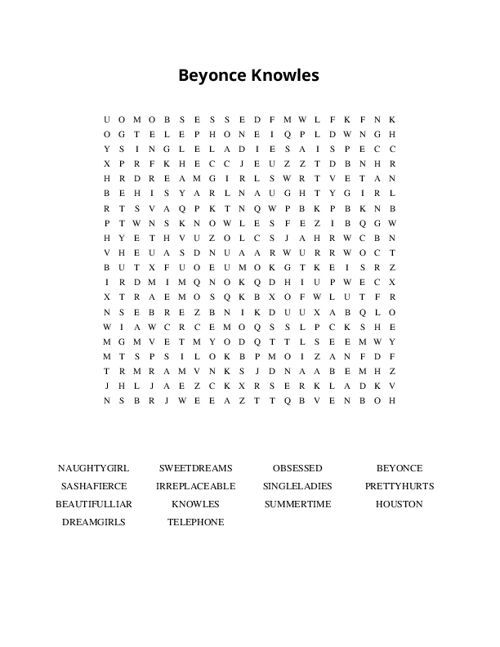 Beyonce Knowles Word Search Puzzle
