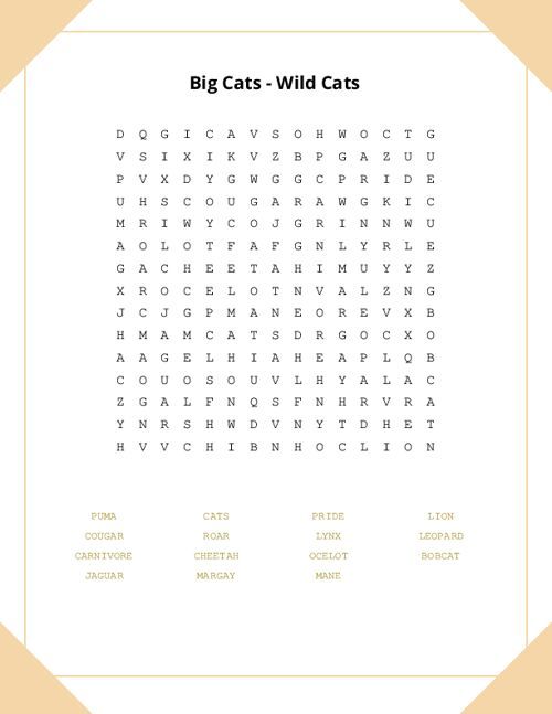 Big Cats - Wild Cats Word Search Puzzle