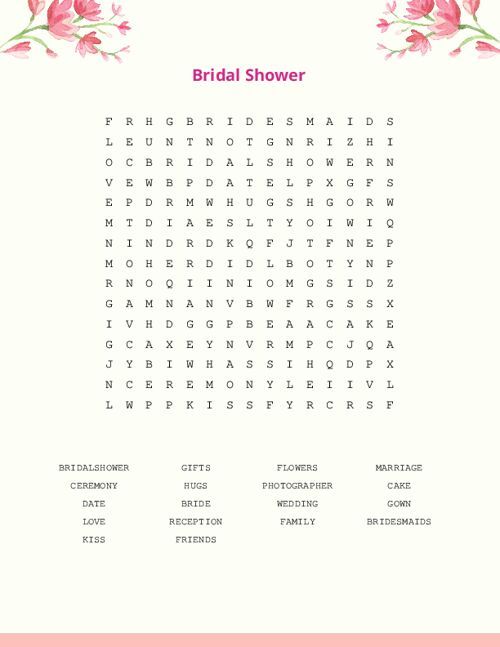 Bridal Shower Word Search Puzzle