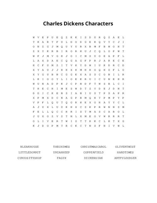 Charles Dickens Characters Word Search Puzzle