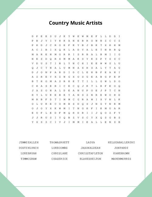 Country Music Artists Word Search Puzzle