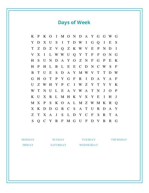 Days of Week Word Search Puzzle