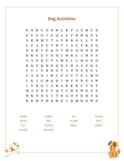 Dog Activities Word Search Puzzle