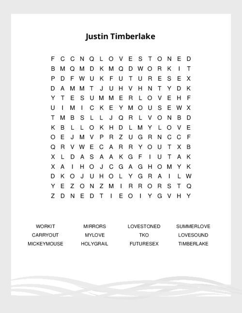 Justin Timberlake Word Search Puzzle