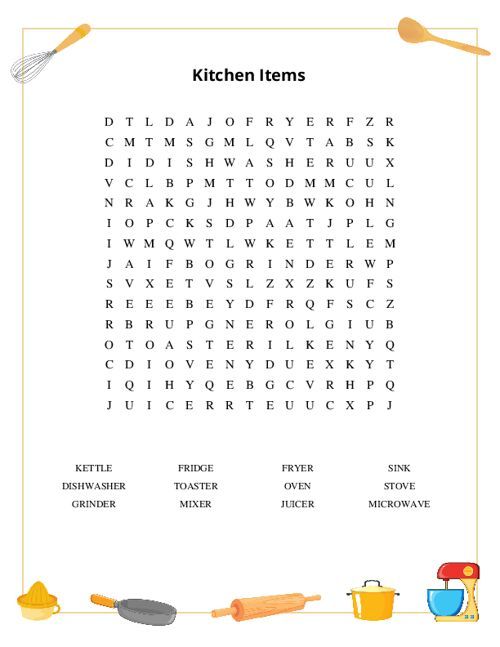 Kitchen Items Word Search Puzzle