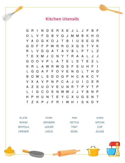 KITCHEN UTENSILS - COOKING EQUIPMENT Word Search Puzzle Worksheet Activity