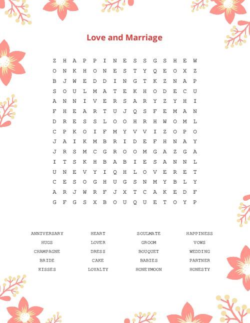 Love and Marriage Word Search Puzzle