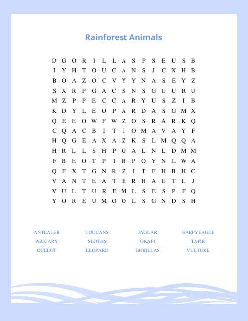 Rainforest Animals Word Search Puzzle