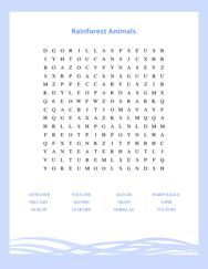 Rainforest Animals Word Search Puzzle