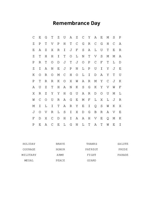 Remembrance Day Word Search Puzzle