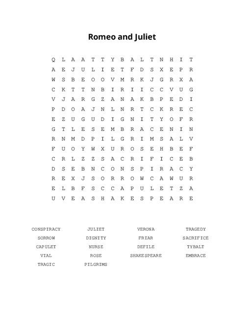 Romeo and Juliet Word Search Puzzle