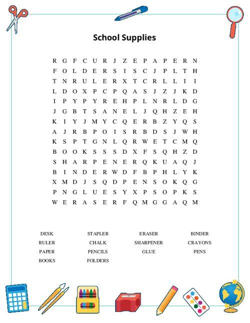 School Supplies Word Search Puzzle