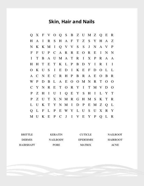 Skin, Hair and Nails Word Search Puzzle