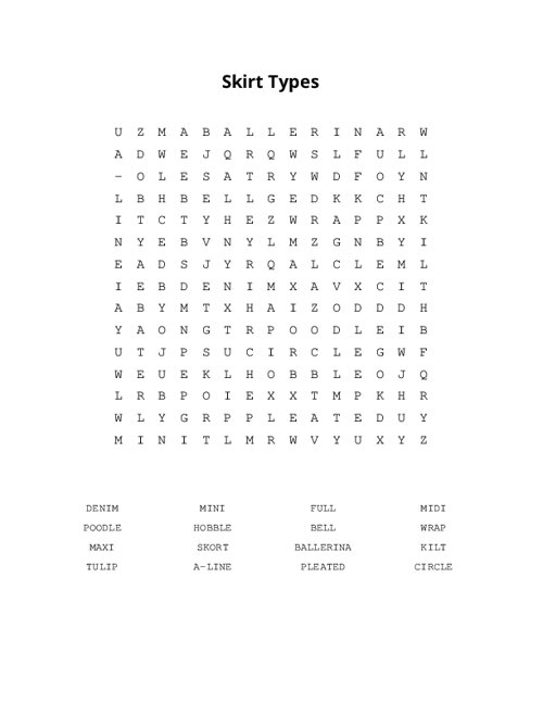 Skirt Types Word Search Puzzle