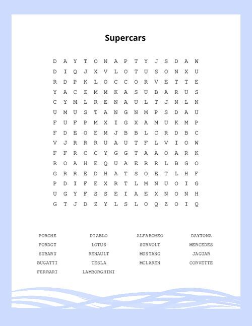 Supercars Word Search Puzzle