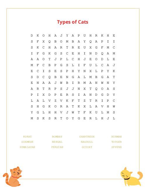 Types of Cats Word Search Puzzle