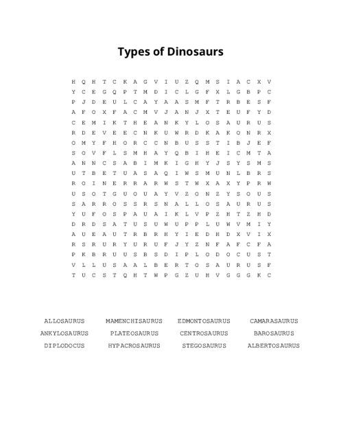 Types of Dinosaurs Word Search Puzzle