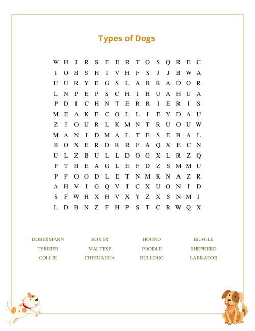 Types of Dogs Word Search Puzzle