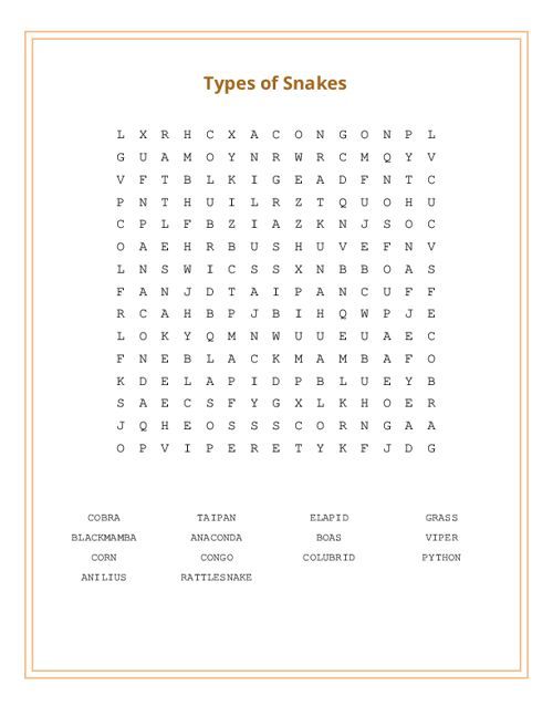 Types of Snakes Word Search Puzzle