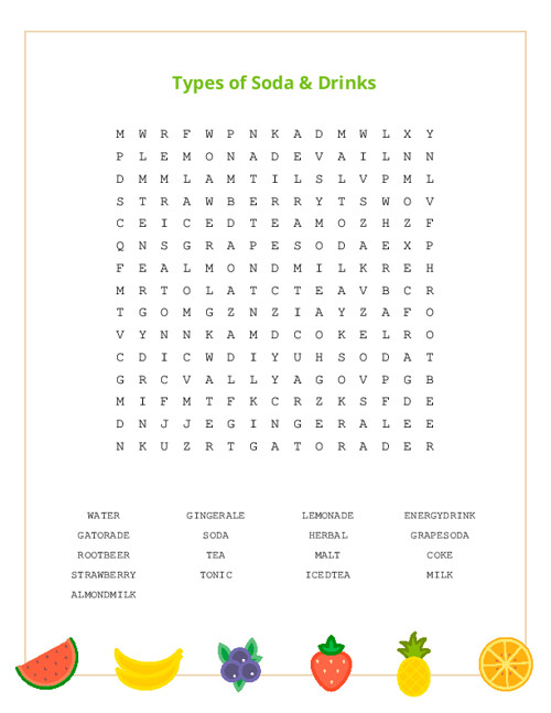 Types of Soda & Drinks Word Search Puzzle