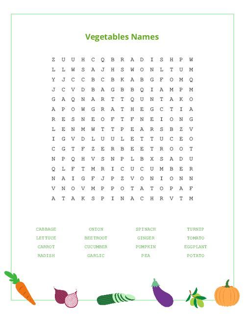 Vegetables Names Word Search Puzzle