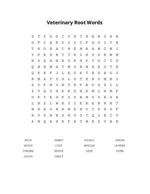Veterinary Root Words Word Search Puzzle