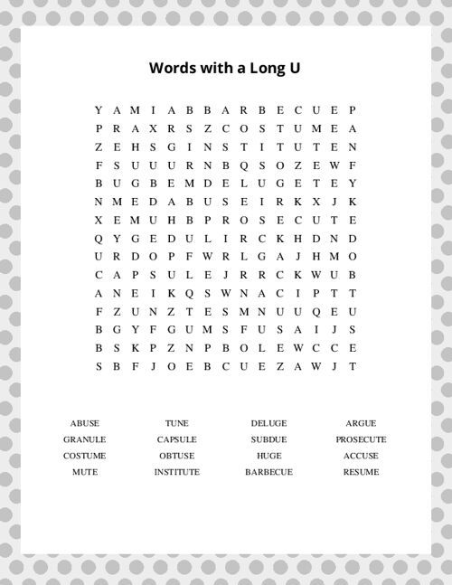 Words with a Long U Word Search Puzzle