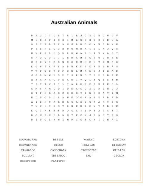 Australian Animals Word Search Puzzle