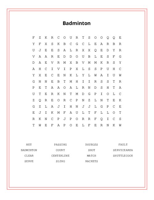 Badminton Word Search Puzzle