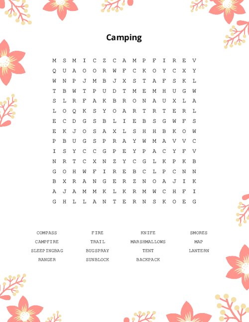 Camping Word Search Puzzle