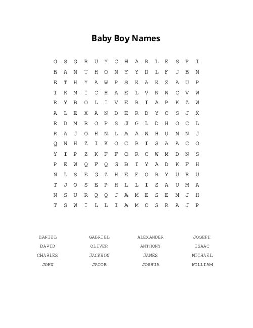 Baby Boy Names Word Search Puzzle