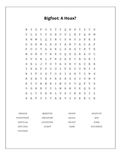 Bigfoot: A Hoax? Word Search Puzzle