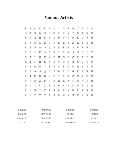Famous Artists Word Search Puzzle
