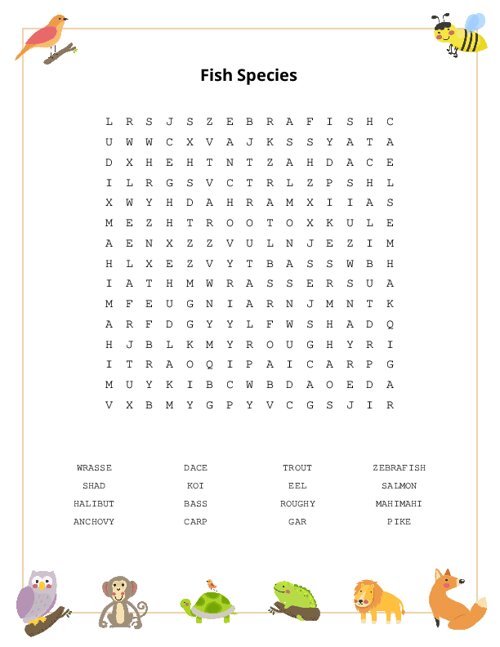 Fish Species Word Search Puzzle