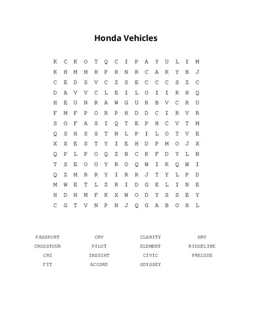 Honda Vehicles Word Search Puzzle