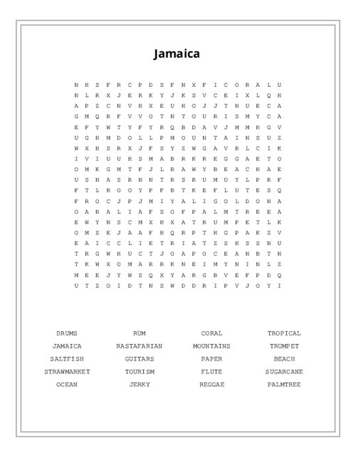 Jamaica Word Search Puzzle