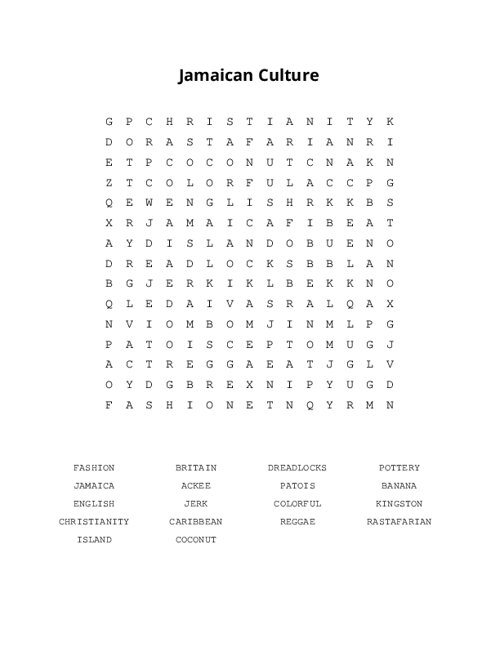 Jamaican Culture Word Search Puzzle