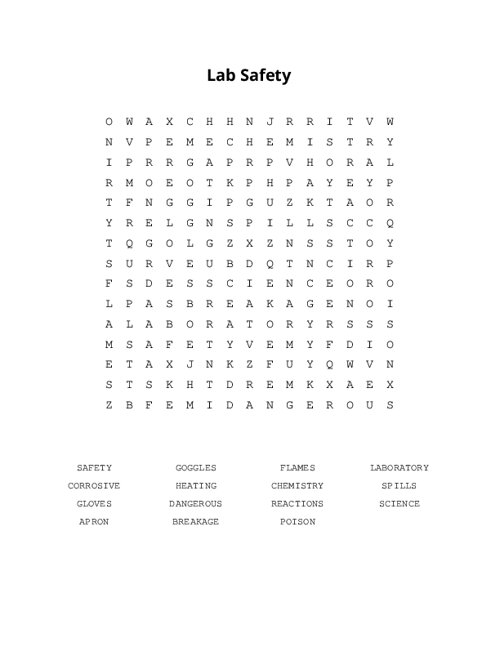 Lab Safety Word Search Puzzle