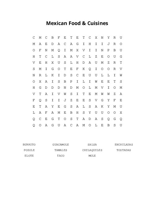 Mexican Food & Cuisines Word Search Puzzle