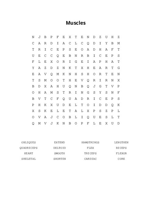 Body Muscles Or Muscular System Word Search Puzzle
