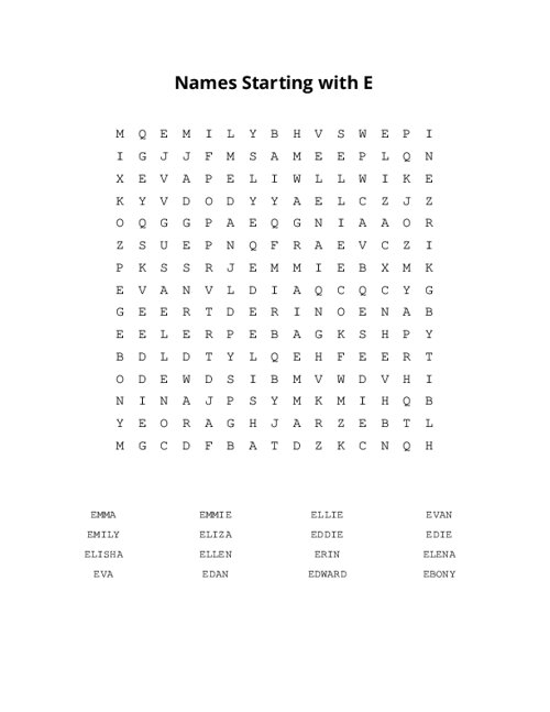Names Starting with E Word Search Puzzle