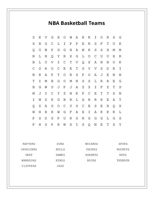 NBA Basketball Teams Word Search Puzzle