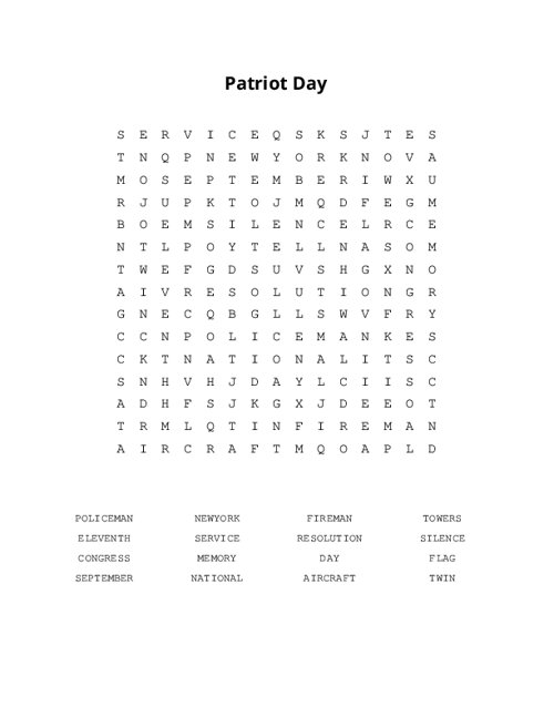 Patriot Day Word Search Puzzle