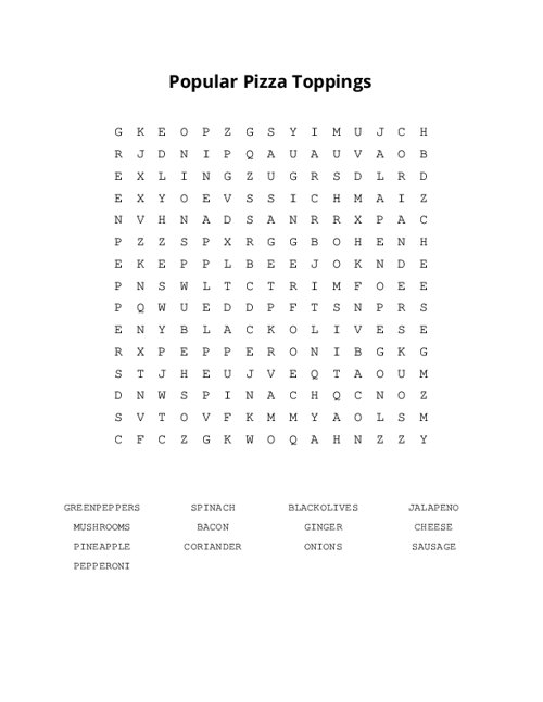 Popular Pizza Toppings Word Search Puzzle