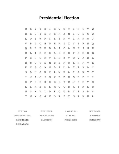 Presidential Election Word Search Puzzle