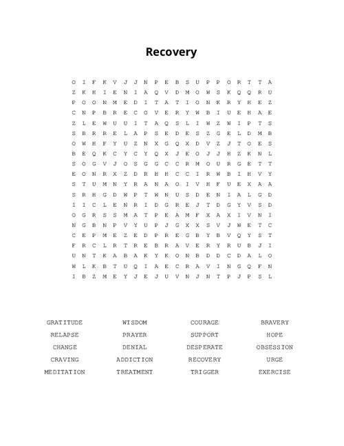 Recovery Word Search Puzzle