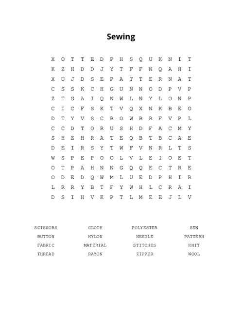 Sewing Word Search Puzzle
