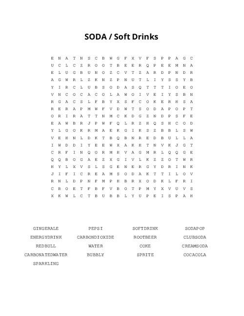 SODA / Soft Drinks Word Search Puzzle