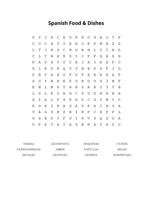 Spanish Food & Dishes Word Search Puzzle