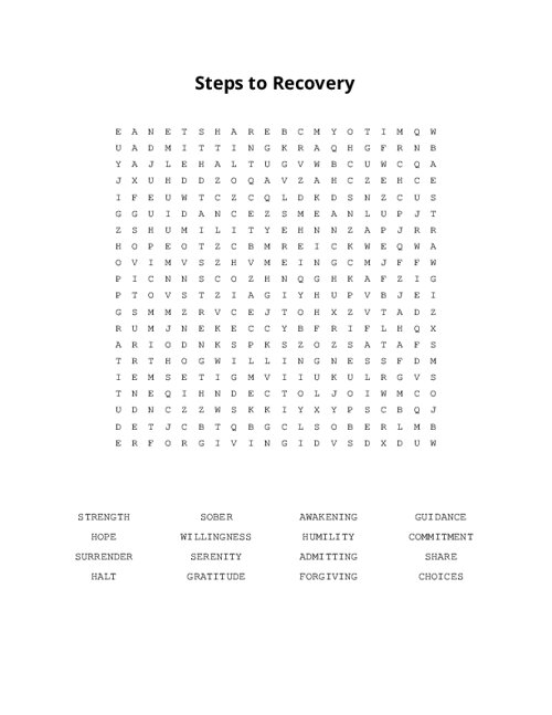 Steps to Recovery Word Search Puzzle
